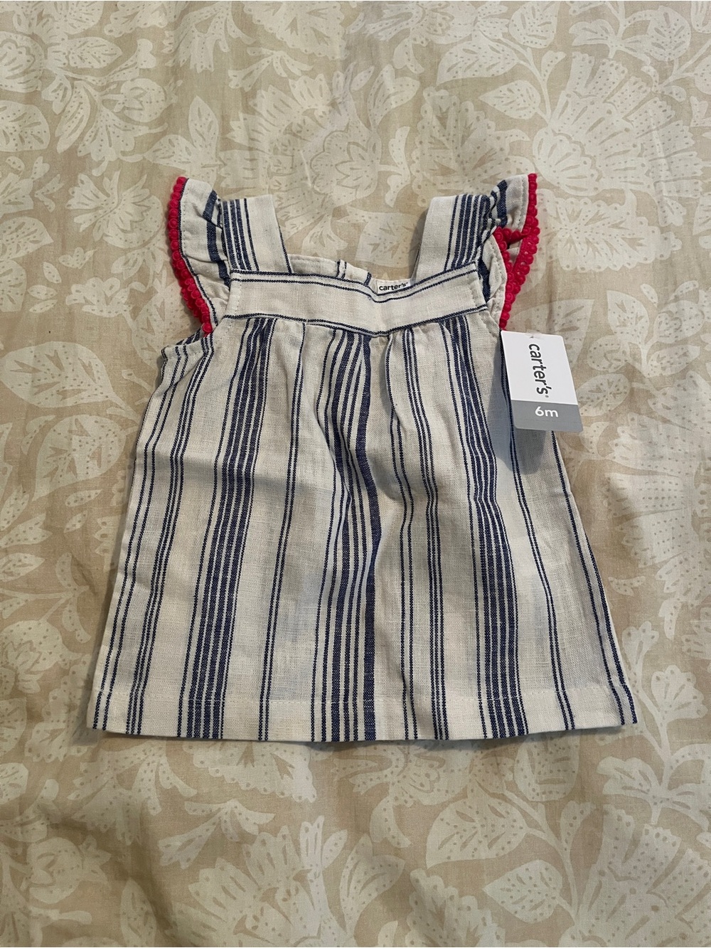 Carter's White and Navy Striped Baby Dress with Pink Trim
